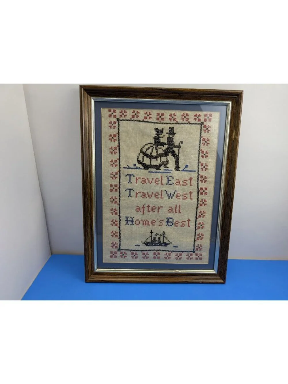 Vintage Framed Needlepoint Embroidery Travel East Travel West Home Best Nautical